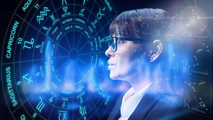 Photo serious woman consulting on horoscope sign astrological forecast