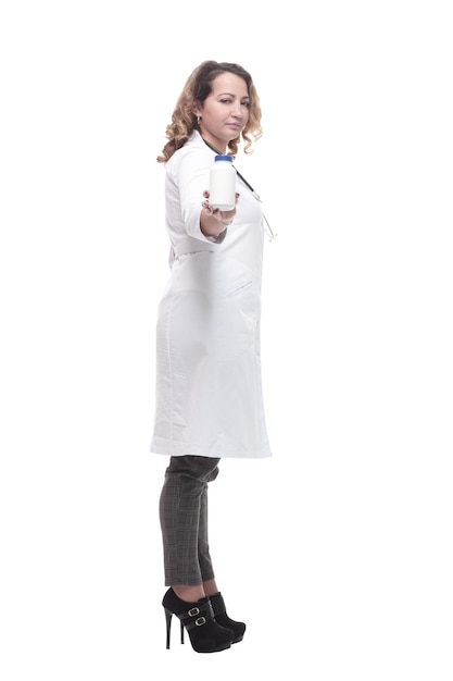 Serious woman doctor with sanitizer in hand