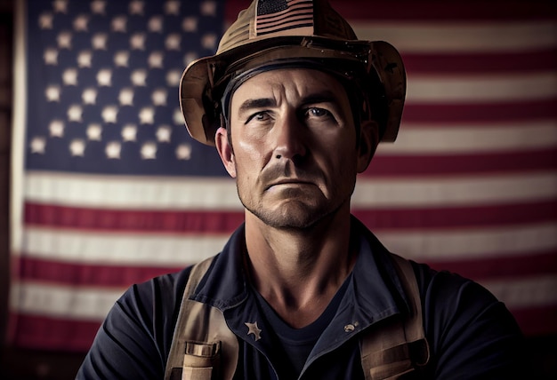 A serious worker man and american flag Generate Ai