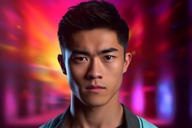 Serious young adult asian man head and shoulders portrait on colorful background neural network