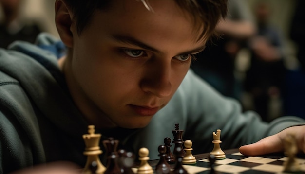 Серьезные молодые взрослые мужчины в соревновательной шахматной битве с концентрацией, созданной ИИ