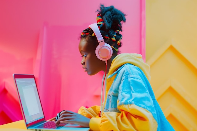 심각한 젊은 아프리카계 미국인 여성이 책상에 앉아 노트북에서 일하고 온라인으로 공부하는 여성
