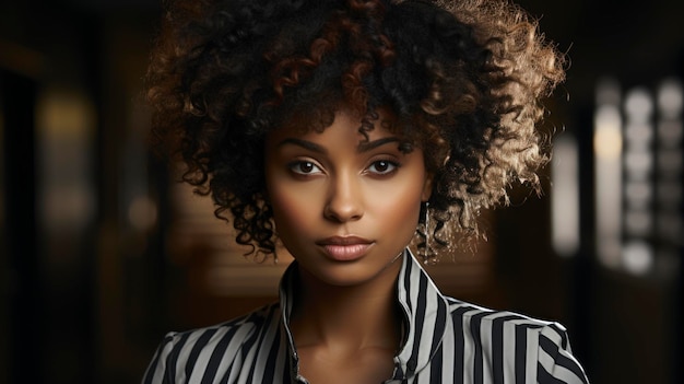 Serious young black woman with curly hair and striped shirt