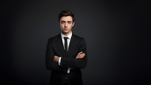 Serious young businessman with folded arms looking at camera on black background