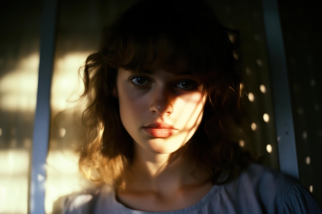 Serious Young Caucasian Girl with Sad Expression Looking at the Camera against White Background