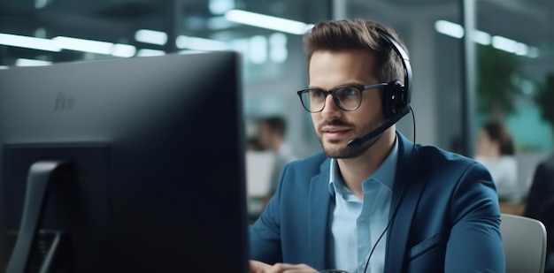 Serious young Caucasian man with headset successful call centre worker