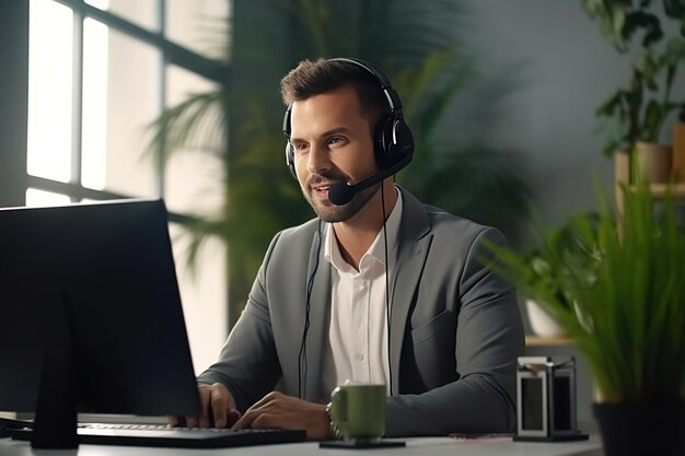 Serious Young Caucasian Man with Headset Successful Manager of Call Center Sits in Office Uses Computer Talking on Video Conference with Client or Employee Helpline Concept Generative AI