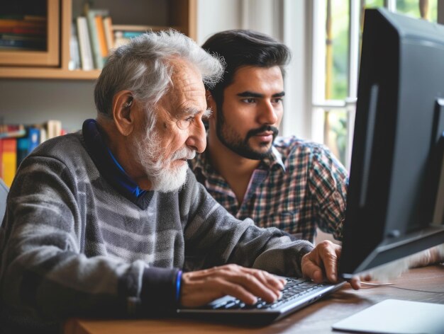 Foto serio giovane e anziano uomo anziano che utilizza un computer comunicazione di persona familiare o professionale