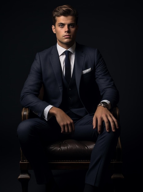 serious young fashion business man in classic suit and tie is sitting on a chair