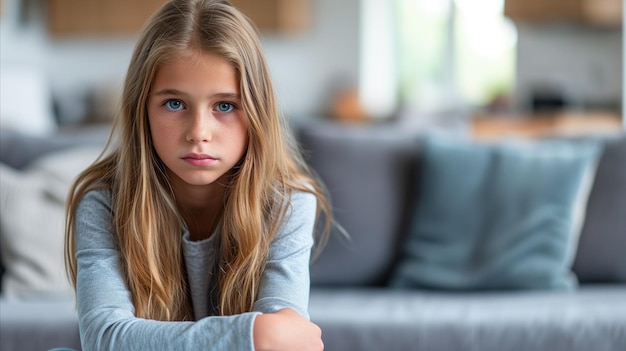 Serious young girl sitting in a modern living room setting