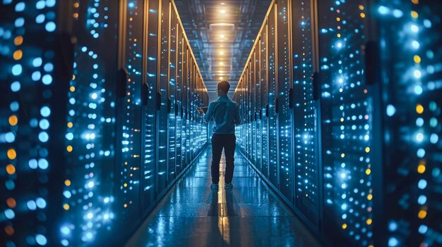 Serious young man in a datacenter using a mobile phone