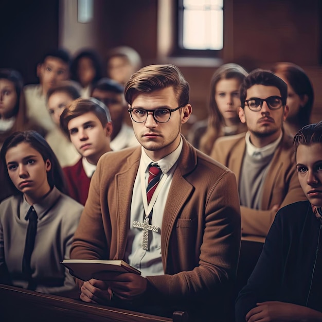 Serious young man in eyeglasses reading book while sitting at table in church