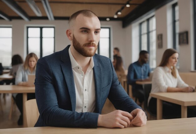 A serious young man sits in an office meeting room his focused gaze and smart blue blazer suggest