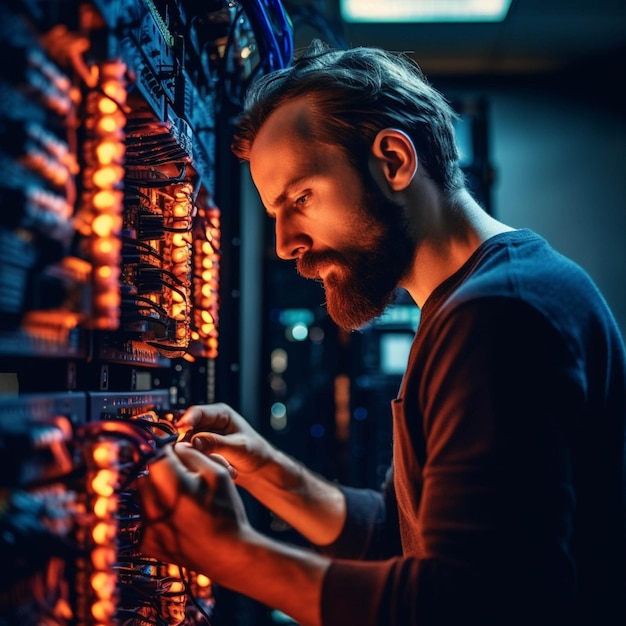 Serious young man working in data center He is connecting cables and switches