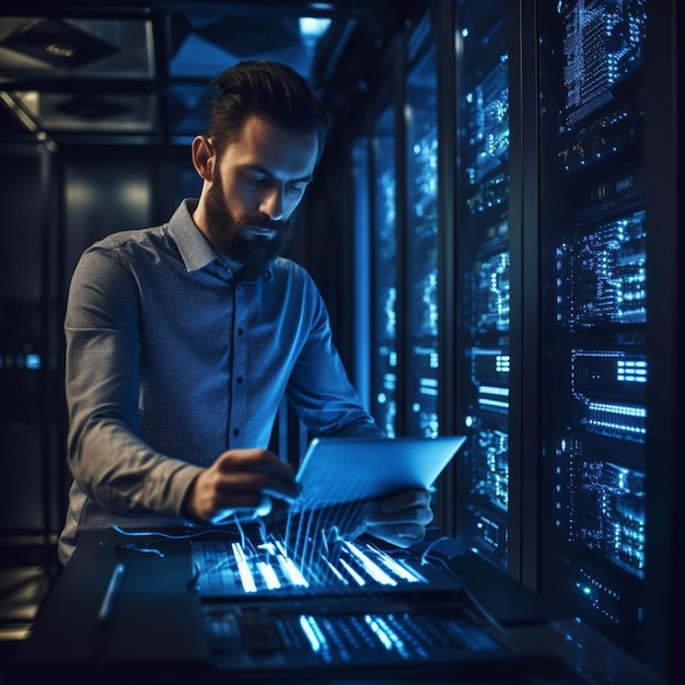 Serious young technician repairing server in data center Selective focus