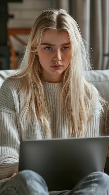 Serious Young Woman Working Laptop at Home