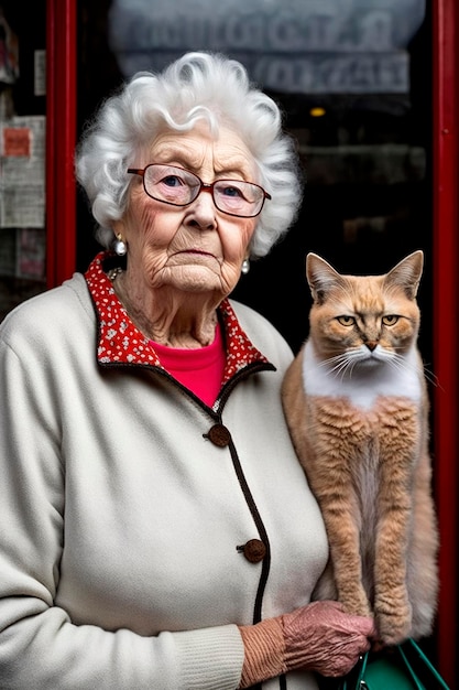 Пожилая женщина с серьезным лицом держит кошку на руках у порога