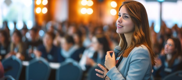 진지하게 학습 교육 비즈니스 컨퍼런스에서 여성 연설자 인공지능 생성