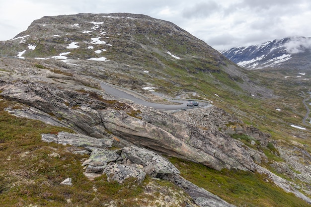 Serpentine road leading to observation place in Dalsnibba mountain. Geiranger fjord Norway..