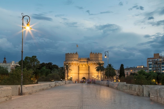 Serrano gate or Serrano towers from the bridge front view Valencia