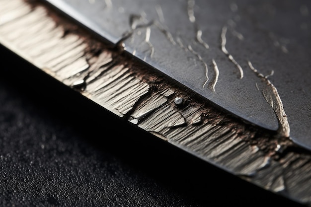 The serrated edge of a knife blade highlighting its sharpness and the tiny scratches from use