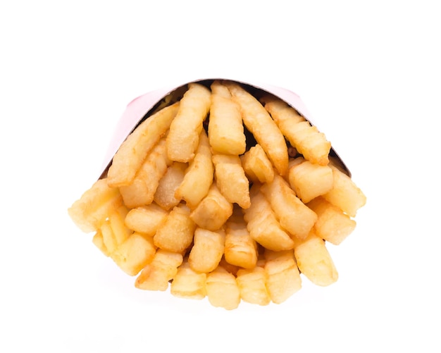 serrated French fries in a red paper bag isolated on a white background