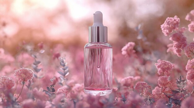 serum bottle decorated with palm leaves flowers and a smiling sun