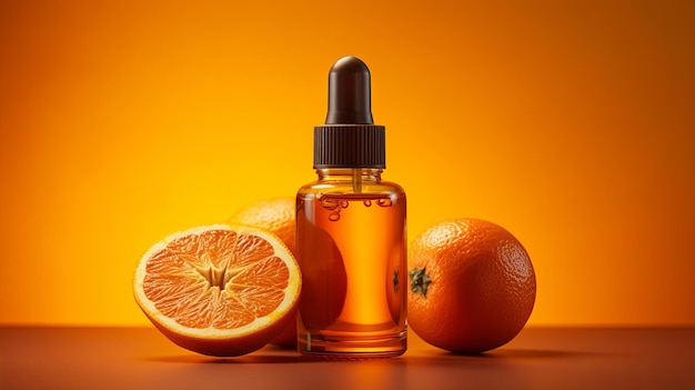 Serum bottle with oranges on orange color background generative AI