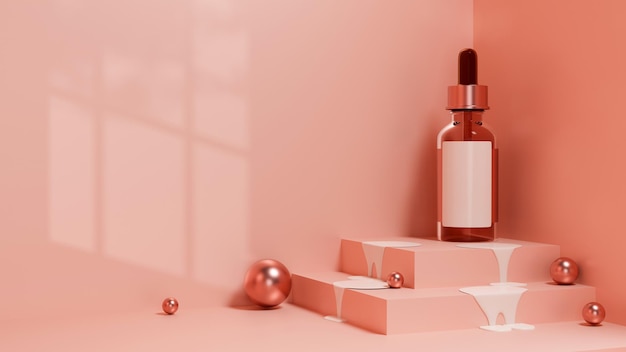 Serum huidverzorging druppelaar glazen fles op trap podium in roze achtergrond druppel mockup 3d render