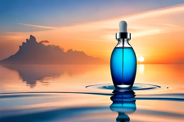 Serum van collageenpeptiden in glazen flessen op de achtergrond van de oceaanwaterzonsondergang Essentieel voor mooi