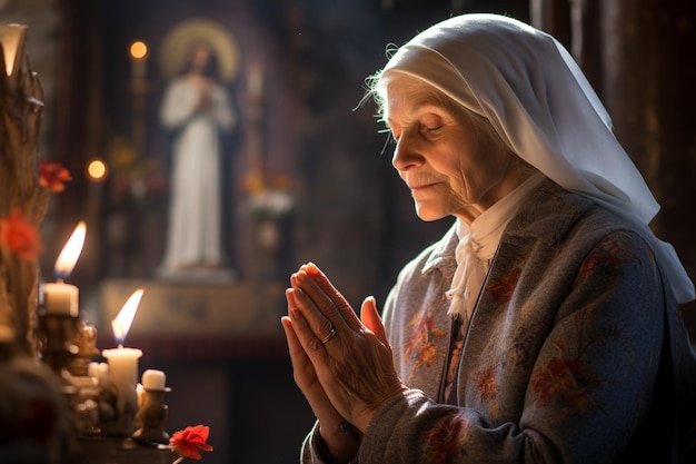 A servant of the church and of God a nun a female praying to Jesus Christ religion redemption