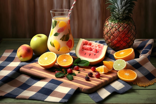 Served on a checkered towel and wooden board are some exotic fruits and a glass of juice