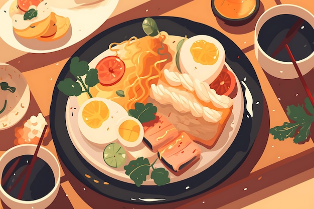 Served chicken sushi pasta fried eggs fruits Ai Generative