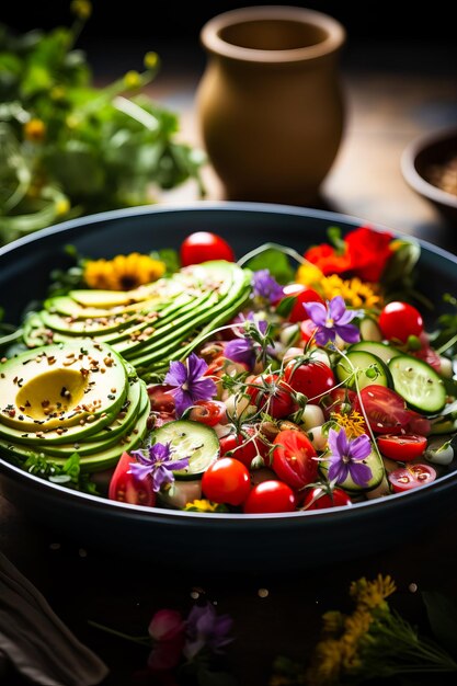 Photo served delicious salad with different vegetables and watercress on the table clean eating