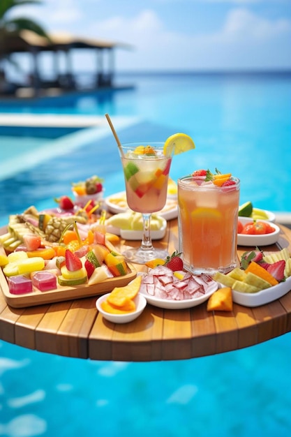 Served floating tray in swimming pool with drinks and snacks on tropical island resort in maldives