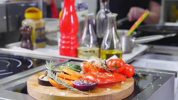 Served fried vegetables on the desk on the kitchen