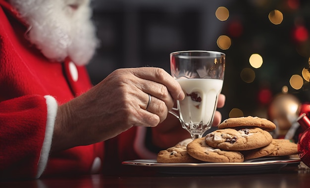 クリスマス・クッキーをテーブルに置いて サンタクロースに贈る クリスマス・ホリデー・コンセプト サンタの手にグラスを持った 魔法のグリーティングカード