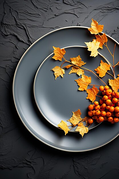 Served plates with fall leaves gray background