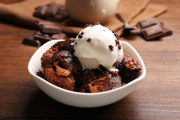 Served table of chocolate lava cake with ice-cream