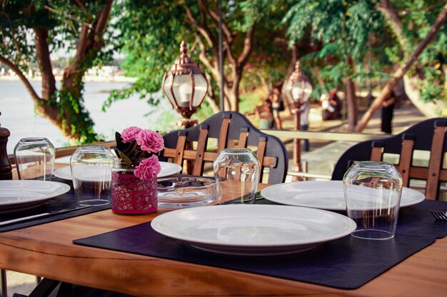 Served table in a summer cafe