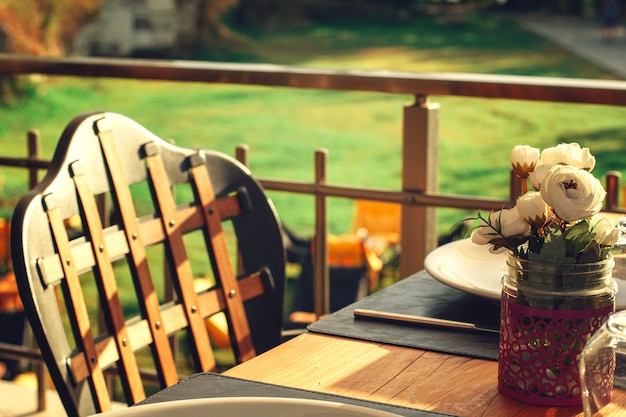 Served table in a summer cafe