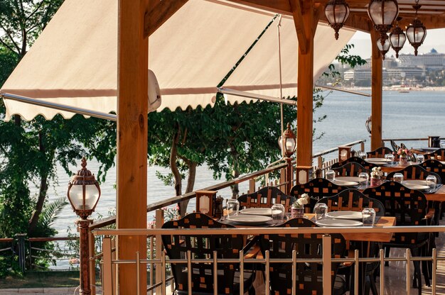 Served table in a summer cafe