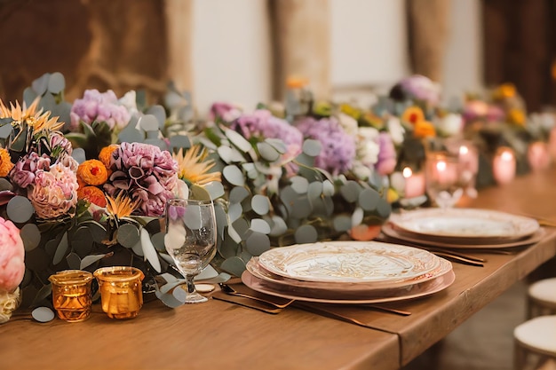 Foto tavolo servito per una cena di nozze in stile boho chic decor da fiori freschi di peonie rose orchidee e leucospermum conocarpodendron stoviglie piatti bicchieri e candele tavolo in legno