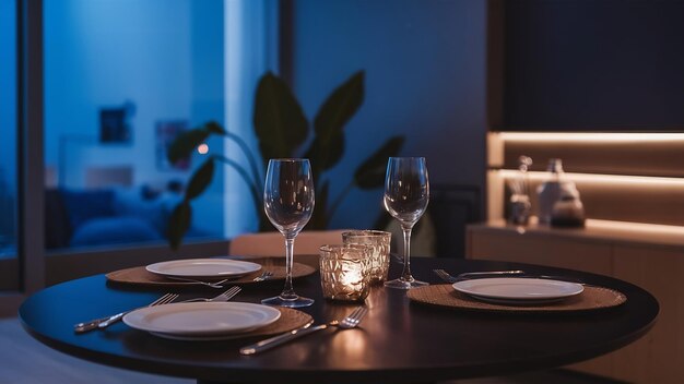 Photo served table with cutlery and candles in interior of modern luxure guest room in studio apartments