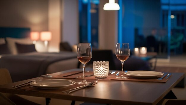 Photo served table with cutlery and candles in interior of modern luxure guest room in studio apartments