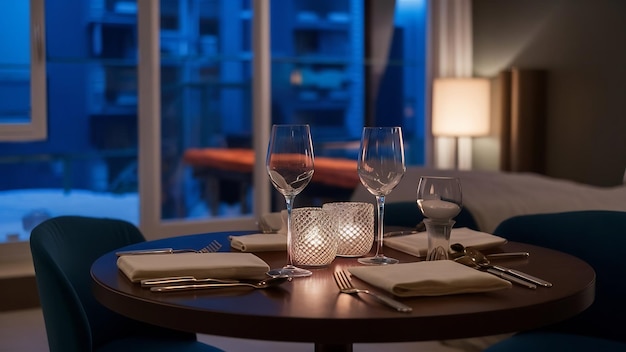 Photo served table with cutlery and candles in interior of modern luxure guest room in studio apartments