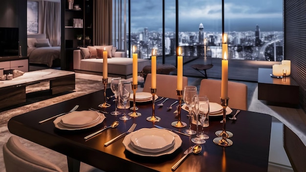 Served table with cutlery and candles in interior of modern luxure guest room in studio apartments