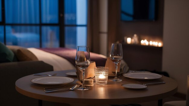 Photo served table with cutlery and candles in interior of modern luxure guest room in studio apartments