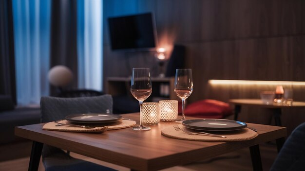 Photo served table with cutlery and candles in interior of modern luxure guest room in studio apartments