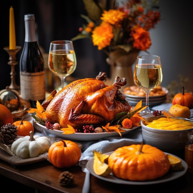 Served table with roast turkeyside dishes and autumn decorclose up